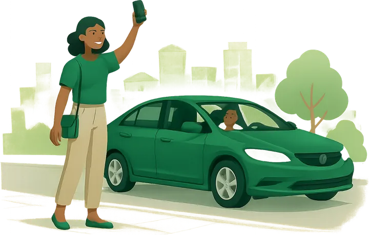 Illustration of a rider waving to a green TaxiNaija car